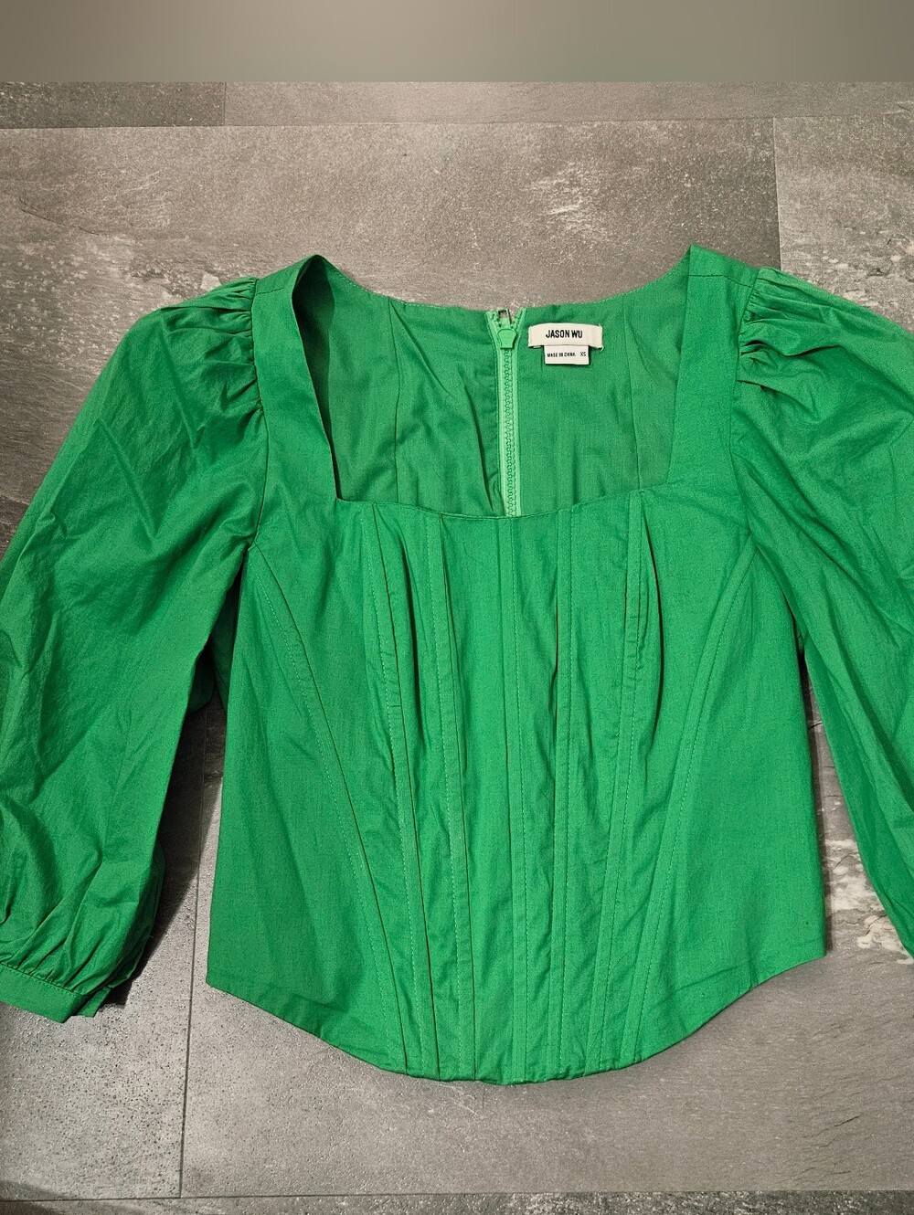 Jason Wu Square Neck Puff-Sleeve Blouse Corset Bustier. 1/2 Sleeve. Green. XS.